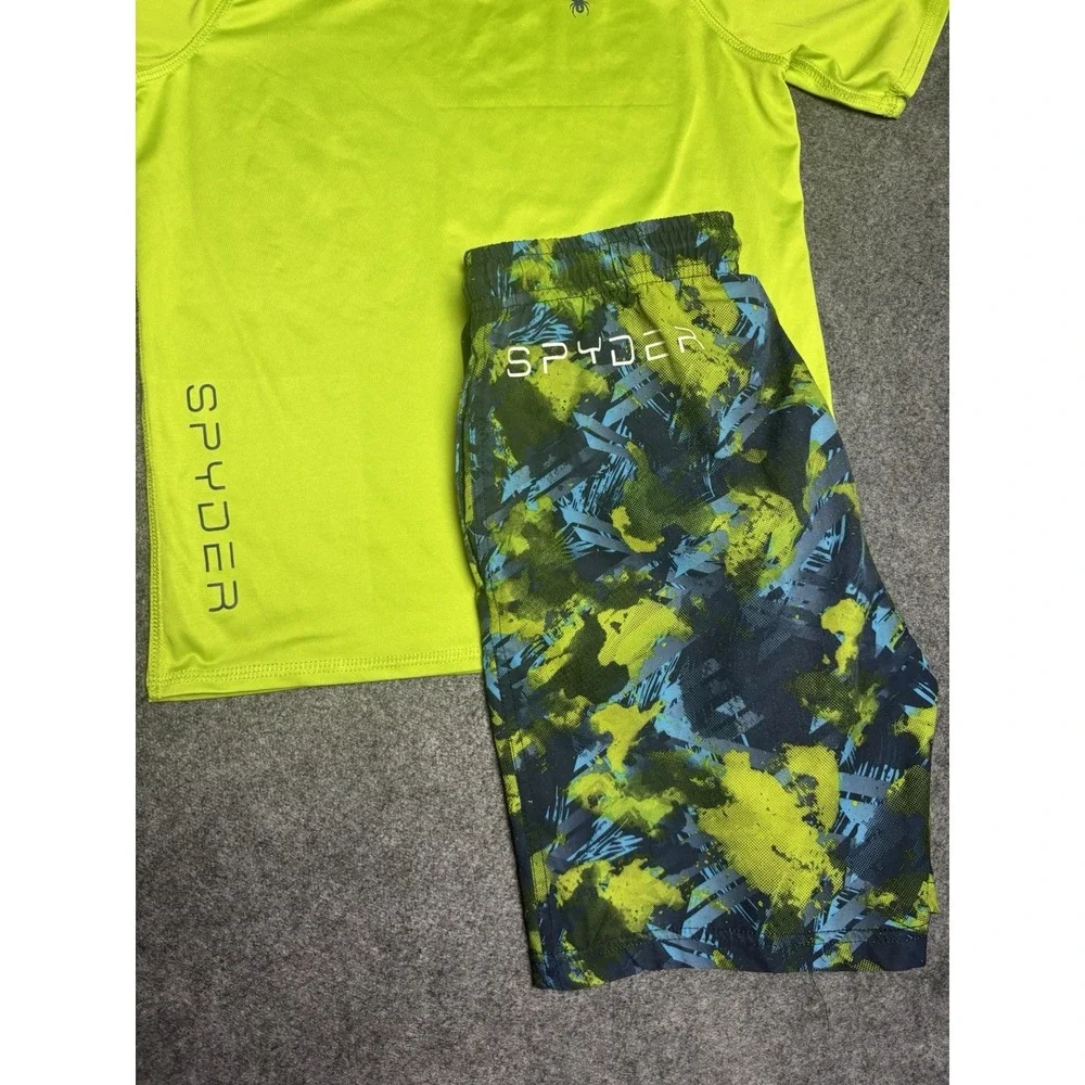 Spyder Boys Rash Guard Swim Shirt & Swim Trunks Set Youth Medium Green Blue